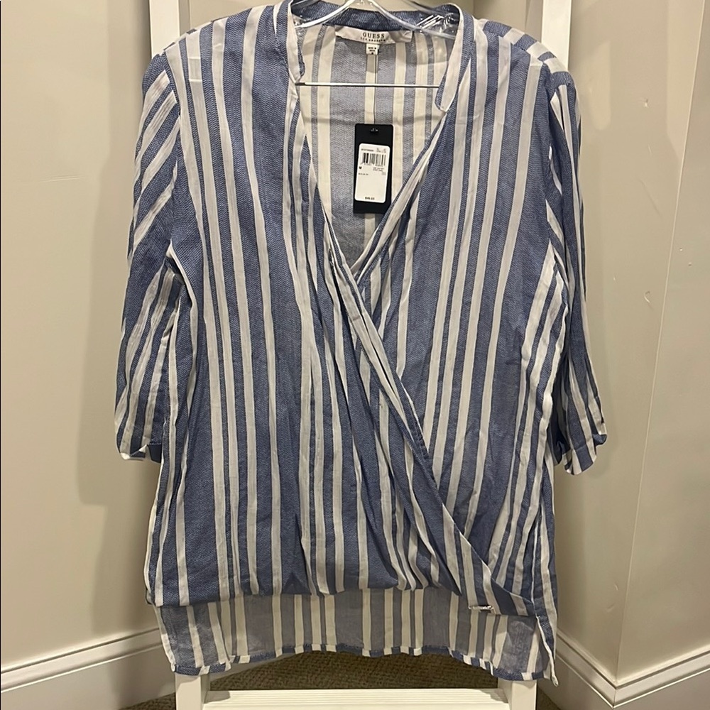 Guess Blue and White Wrap Blouse with 3/4 Sleeves